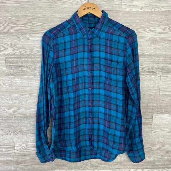 American Eagle Blue Plaid Button Down Blouse - Picture 1 of 6
